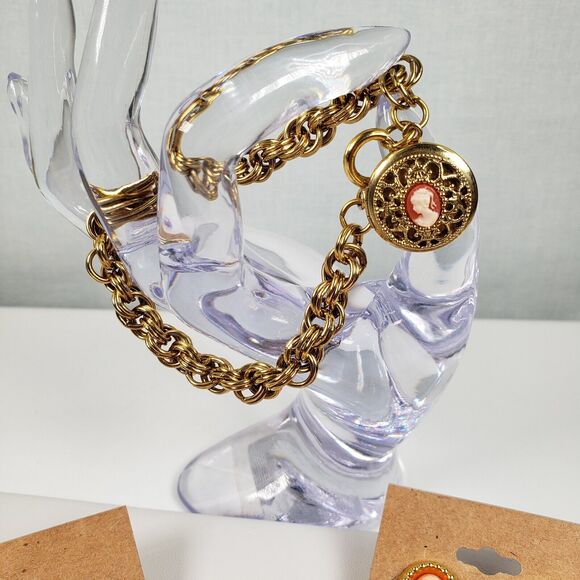 Vintage Victorian Lady Cameo Lot Bracelet Earrings Pendant Brooch Pin Gold Tone - Picture 8 of 15